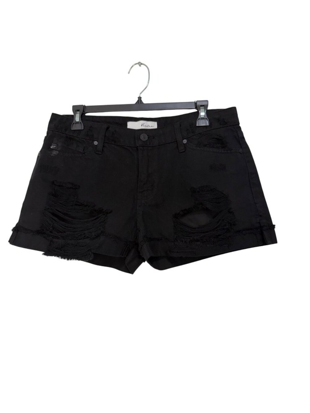 KanCan Black Distressed Denim Mid Rise Shorts Womens Size M Cotton Cuffed Hem